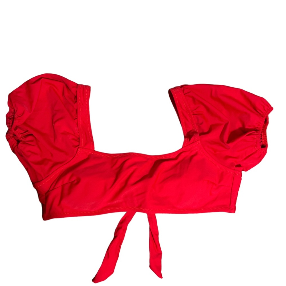 NWOT Red bikini top Square Neck Puff Sleeves Adjustable tie back bathing suit - Picture 7 of 10